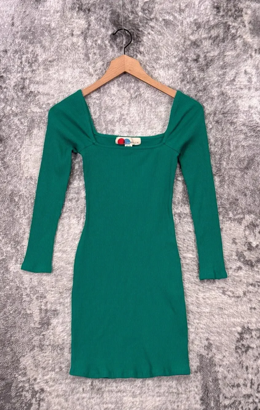 New Free People Dress XS Womens Green Ribbed Square Neck Long Sleeve Mini